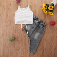 Load image into Gallery viewer, Two Pieces Kid Girl Drawstring Cami Top With Irregular Hem Denim Skirt Set Wholesale 48872631
