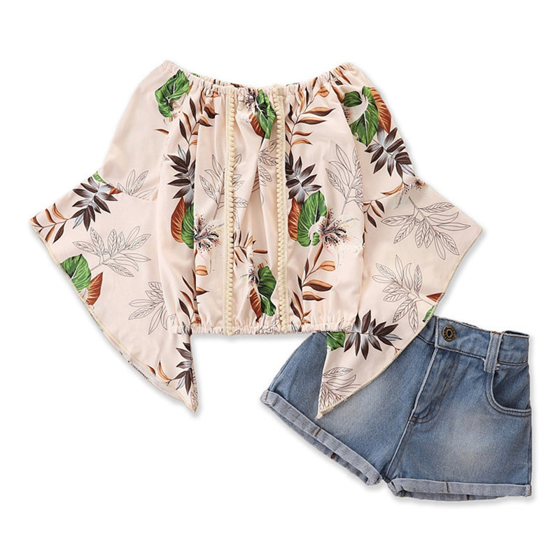 Two Pieces Kid Girl Flared Sleeve Leaves Print Off Shoulder Top Matching Shorts Set Wholesale 46162699