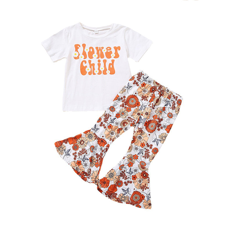 Two Pieces Kid Girl Flower Child Top & Flared Pants Set Wholesale 02053034