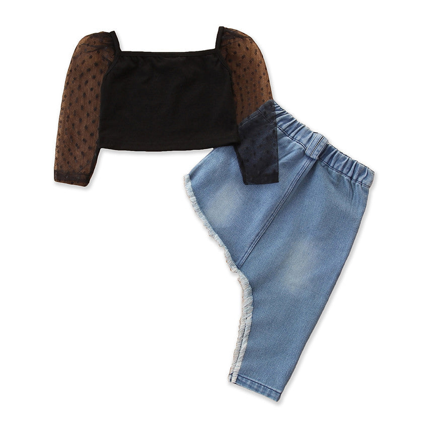 Two Pieces Kid Girl Mesh Sleeve Top And Irregular Hem Denim Skirt Set Wholesale 72672756