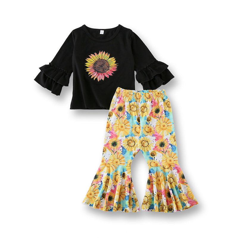 Two Pieces Kid Girl  Sunflower Printed Top With Bell Bottom Pants Set Wholesale 48633093