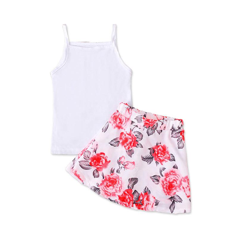 Two Pieces Kid Girl White Camisole Top With Floral Skirt Set Wholesale 91432421