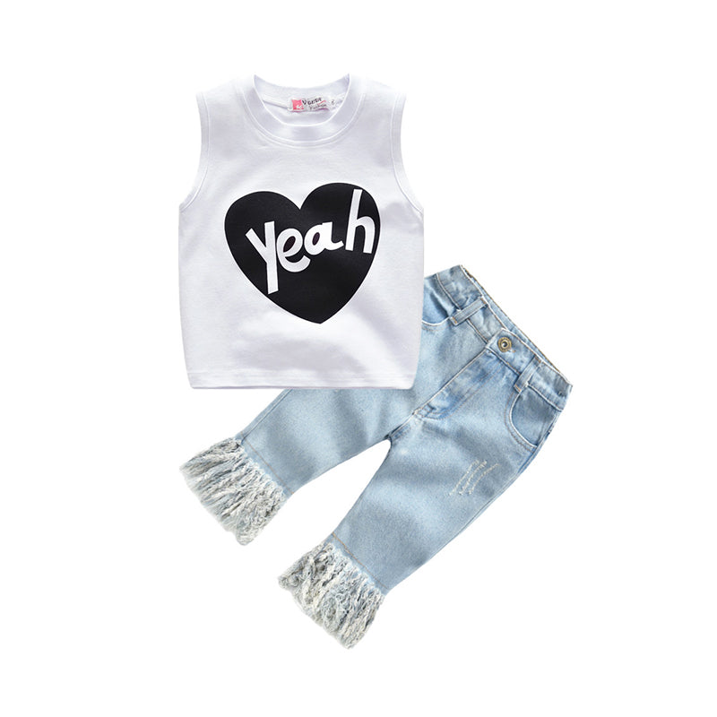 Two Pieces Kid Girl Yeah Tank Top With Fringed Hem Jeans Set Wholesale 94392373
