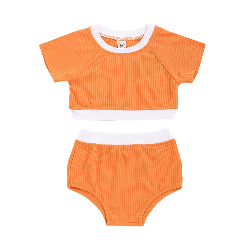 Two Pieces Little Girl Hit Color Ribbed Set Crop Top With Shorts Wholesale 21912471