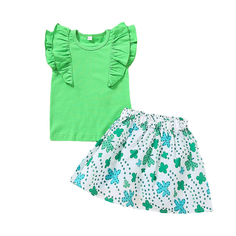 Two Pieces Little Girl St Patrick's day Shamrock Print Set Top Matching Skirt Wholesale 60693084