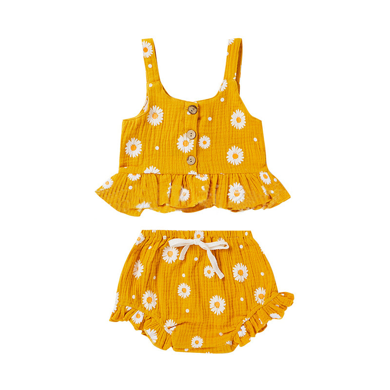 Two Pieces Toddler Girl Daisy Print Set Flounce Hem Cami Top And Shorts  Wholesale 69101208