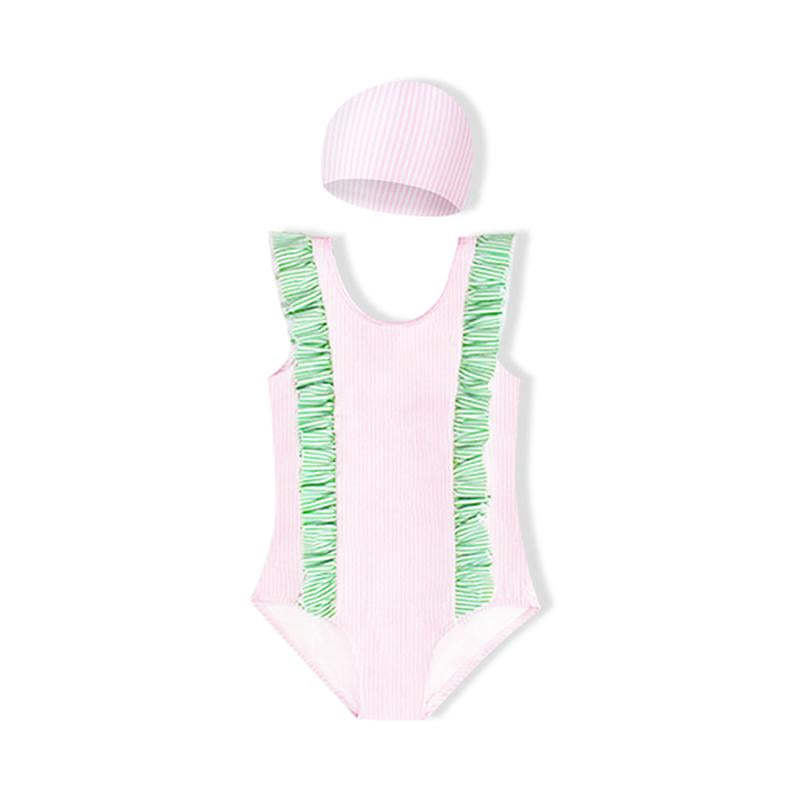 Stripe Ruffled Trim Tank Swimsuit For Little Girl Wholesale 7356610