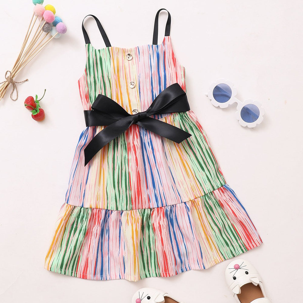 Kid Girl Rainbow Stripe Self Tie Sling Dress Wholesale 42832018