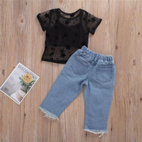 Load image into Gallery viewer, Three Pieces Kid Girl Star Mesh Top &amp; Cropped Cami Top &amp; Ripped Jeans Onesie Wholesale 1214553
