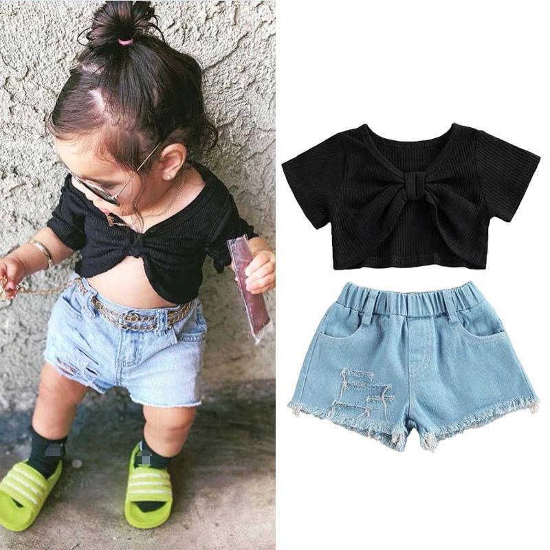 2 Pieces Kid Girl Knotted Black Top And Denim Shorts Set Wholesale 7020549