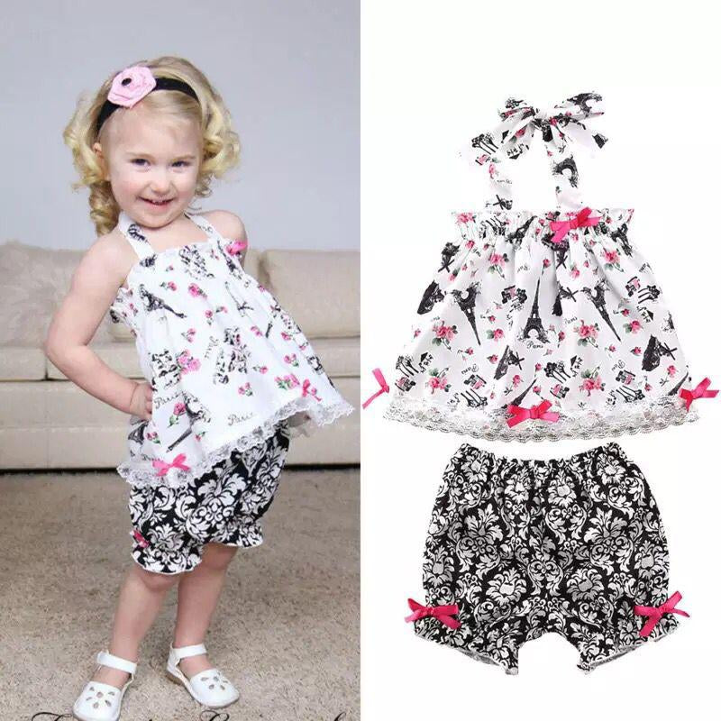 Two-Piece Little Girl Set Flower Tower Pattern Halter Neck Neck Top And Shorts  Wholesale 0700560