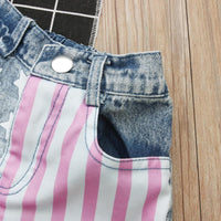 Load image into Gallery viewer, 2 Pieces Little Girl Independence Day Outfit Miss USA Print Tank Top &amp; Star Stripe Denim Shorts Wholesale 2617019
