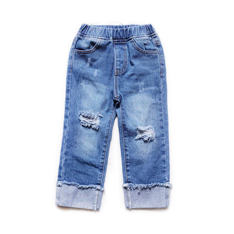 Kid Girl Distressed Elastic Waist Rolled Up Jeans Wholesale 67941062