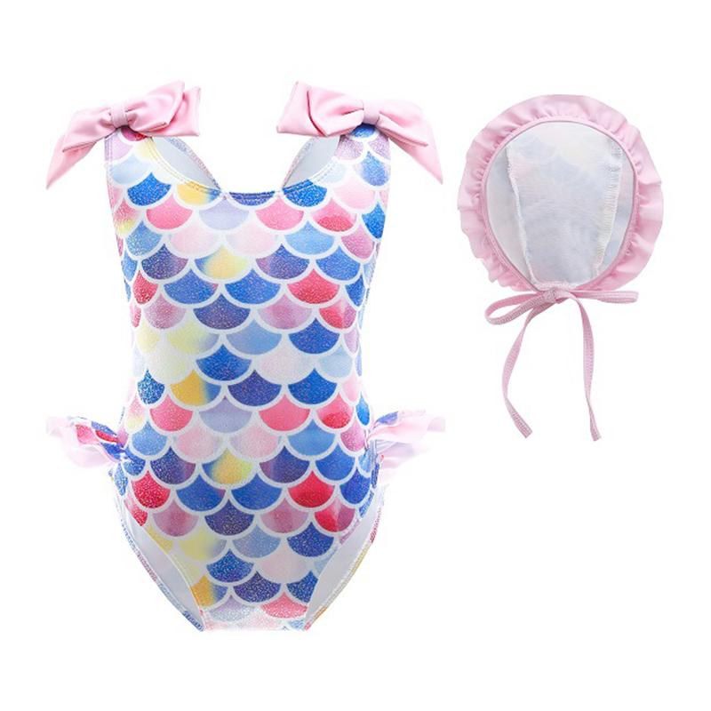 Kid Girl Mermaid Bow One Piece Swimsuit And Hat Wholesale 53531124