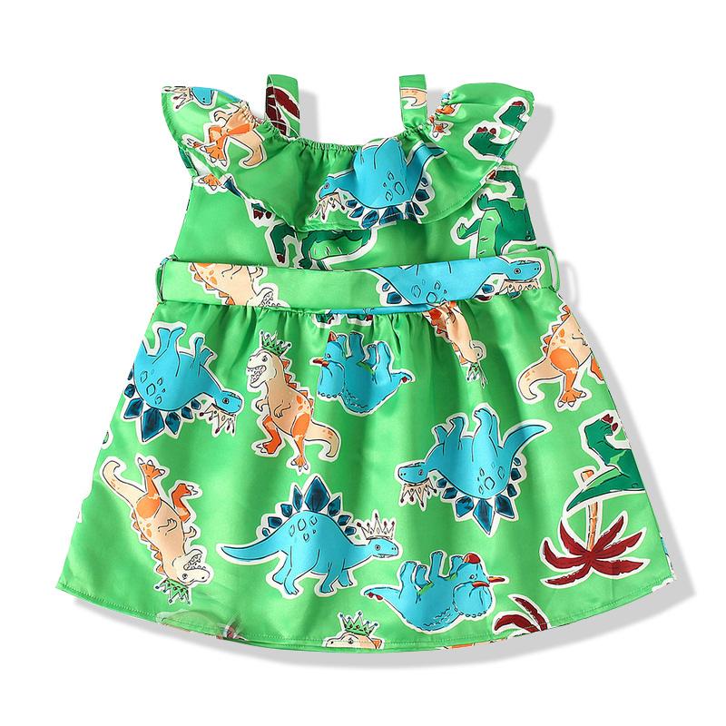 Kid Girl Dinosaur Pattern Off Shoulder Belted Dress  Wholesale 33041581
