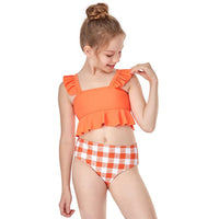 Load image into Gallery viewer, Two Pieces Kid Girl Swimsuit Set Ruffled Hem Top And Plaid Shorts Wholesale 3701490
