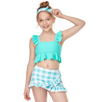 Load image into Gallery viewer, Two Pieces Kid Girl Swimsuit Set Ruffled Hem Top And Plaid Shorts Wholesale 3701490
