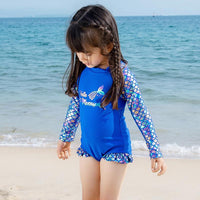 Load image into Gallery viewer, One-piece Girl Mermaid Print Long Sleeve Swimsuit And Hat Wholesale 7771605
