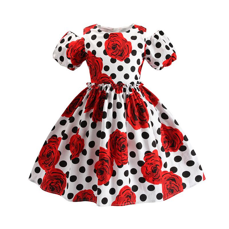 Polka Dots Girl Cold Shoulder Rose Graphic Dress Wholesale 91051593