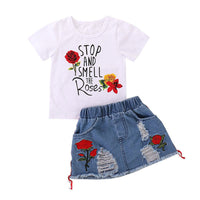 Load image into Gallery viewer, 2 Pieces Kid Girl Stop And Smell The Roses Set Tee With Ripped Denim Skirt  Wholesale 90491941
