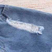 Load image into Gallery viewer, 2-Piece Baby Toddler Kid Girl Flower Stripe Off Shoulder Crop Top And Belted Ripped Denim Shorts Set Wholesale 30071848
