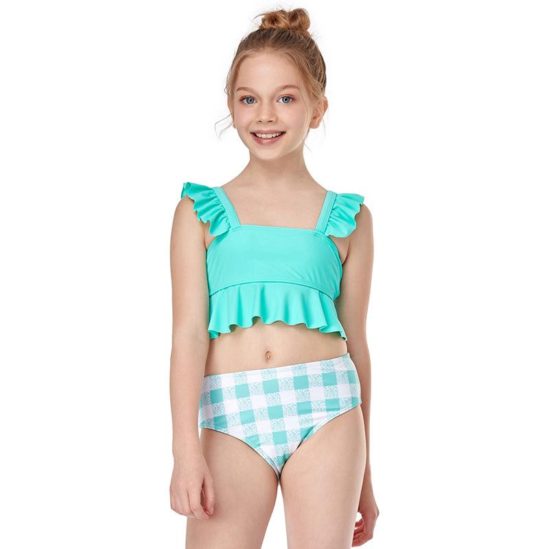Two Pieces Kid Girl Swimsuit Set Ruffled Hem Top And Plaid Shorts  Wholesale 3701490