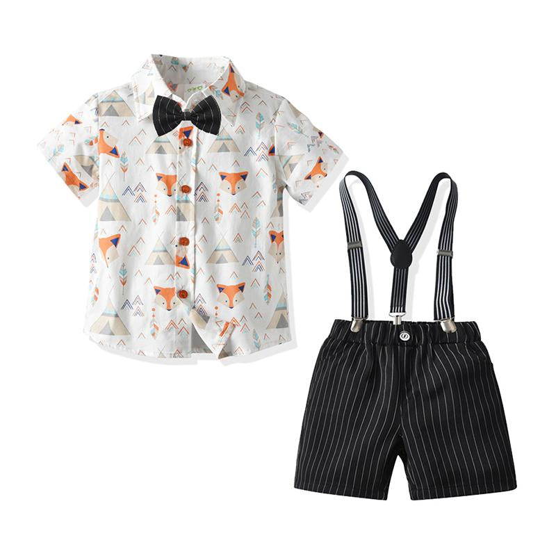 2 Piece Toddler Boy Bow Tie Fox Print  Shirt And Stripe Suspender Shorts Set Wholesale 99441339