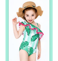 Load image into Gallery viewer, Two Pieces Little Girl Pom Pom Trim Off Shoulder Swimsuit And Hat Leaves Print Wholesale 6491625
