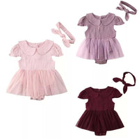 Load image into Gallery viewer, 2 Pieces Baby Girl Muslin Mesh Solid Color Romper Dress With Headband Wholesale 1192569
