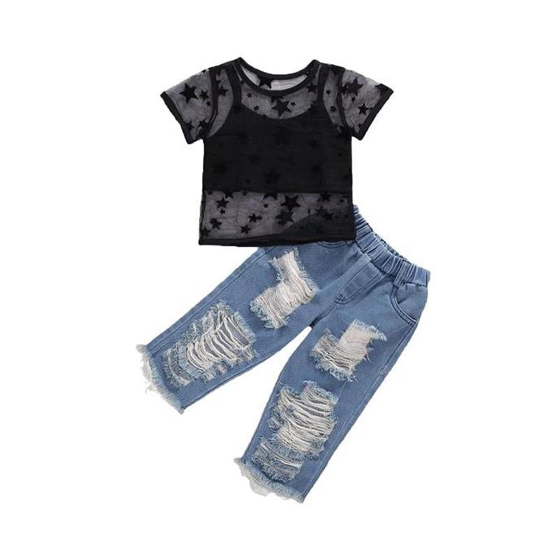 Three Pieces Kid Girl Star Mesh Top & Cropped Cami Top & Ripped Jeans Onesie Wholesale 1214553