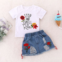 Load image into Gallery viewer, 2 Pieces Kid Girl Stop And Smell The Roses Set Tee With Ripped Denim Skirt  Wholesale 90491941
