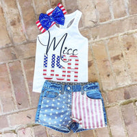 Load image into Gallery viewer, 2 Pieces Little Girl Independence Day Outfit Miss USA Print Tank Top &amp; Star Stripe Denim Shorts Wholesale 2617019
