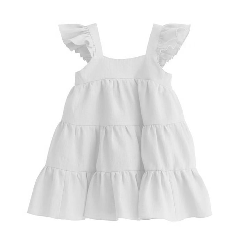 Kid Girl Ruffle Trim Plain Flutter Sleeve Dress Wholesale 24231455