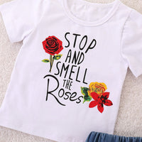 Load image into Gallery viewer, 2 Pieces Kid Girl Stop And Smell The Roses Set Tee With Ripped Denim Skirt  Wholesale 90491941
