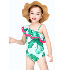 Load image into Gallery viewer, Two Pieces Little Girl Pom Pom Trim Off Shoulder Swimsuit And Hat Leaves Print Wholesale 6491625
