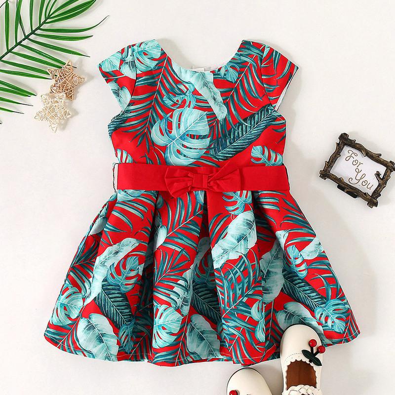 Leaves Graphic Girl Belted Dress Wholesale 95721579