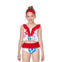 Load image into Gallery viewer, Two Pieces Kid Girl Swimsuit Set Ruffled Hem Top And Plaid Shorts Wholesale 3701490
