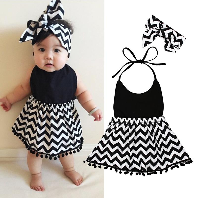 2 Pieces Baby Girl Backless Halter Neck Wave Pattern Pom Pom Hem Dress Wholesale 2625030