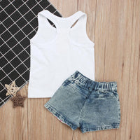 Load image into Gallery viewer, 2 Pieces Little Girl Independence Day Outfit Miss USA Print Tank Top &amp; Star Stripe Denim Shorts Wholesale 2617019
