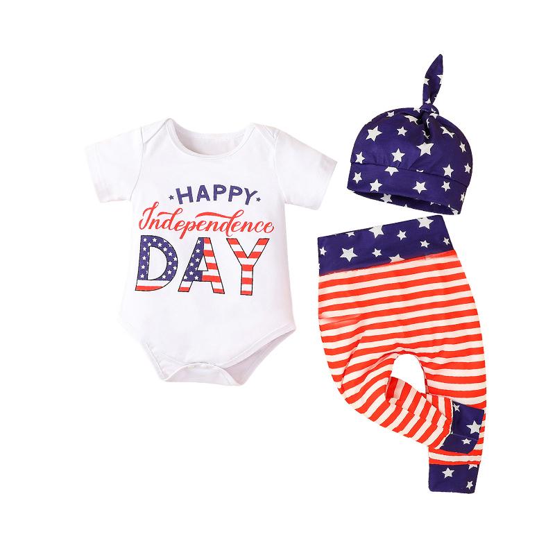 Three Pieces Baby Happy Indenpendence Day Outfit Bodysuit & Stripe Trousers & Hat Wholesale 50012203
