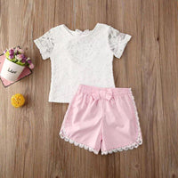 Load image into Gallery viewer, Two Pieces Kid Girl Lace Flower Top &amp; Lace Trimming Shorts Set Wholesale 4768561
