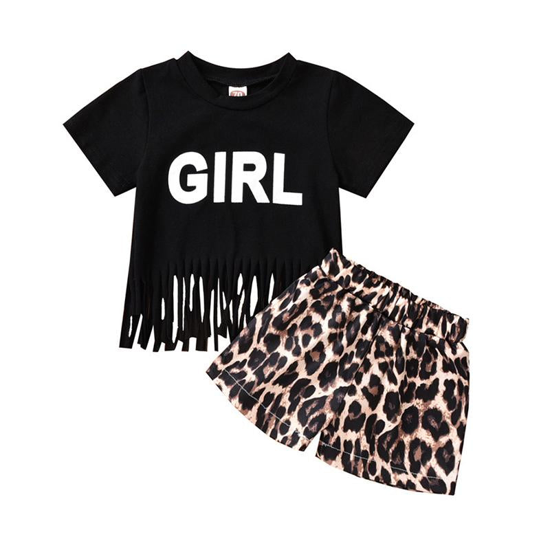 Two-Piece GIRL Print Fringe Hem Top And Leopard Shorts Outfit Wholesale 196908