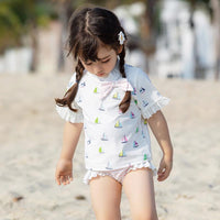Load image into Gallery viewer, Three Pieces Girl Swimsuit Set Sailboat Top &amp; Stripe Shorts &amp; Hat Wholesale 6328611

