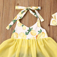 Load image into Gallery viewer, 3 PCS Girl Fruit Print Hi-Lo Halter Neck Top With Ripped Denim Shorts Headband Outfit Wholesale 8339558

