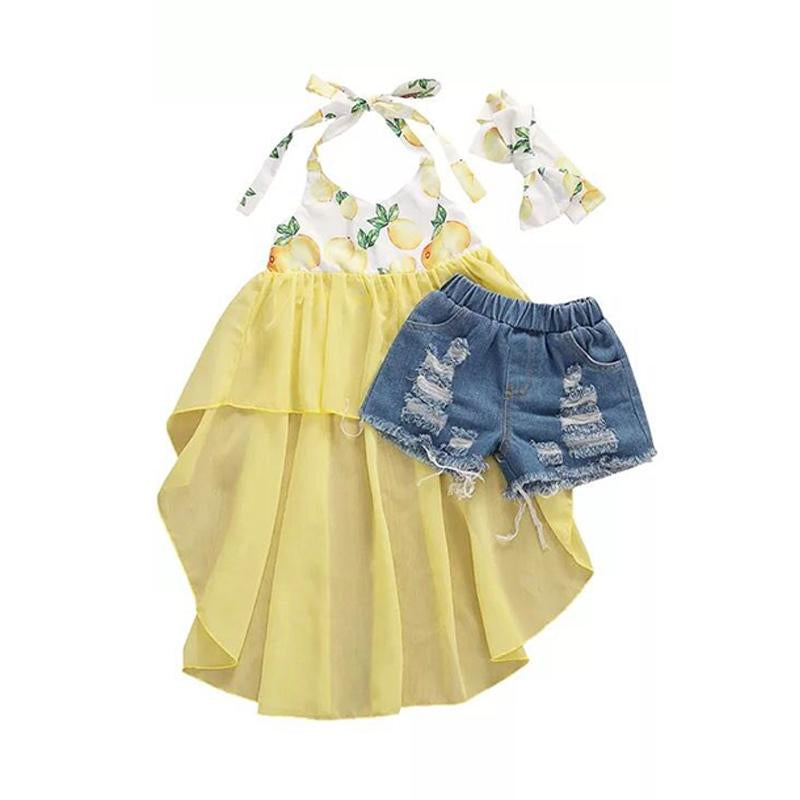 3 PCS Girl Fruit Print Hi-Lo Halter Neck Top With Ripped Denim Shorts Headband Outfit Wholesale 8339558