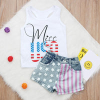 Load image into Gallery viewer, 2 Pieces Little Girl Independence Day Outfit Miss USA Print Tank Top &amp; Star Stripe Denim Shorts Wholesale 2617019
