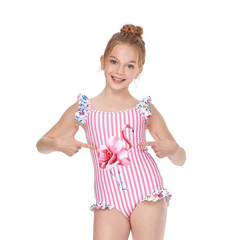 Kid Girl Flamingo Stripe One Piece Swimsuit Wholesale 9830491
