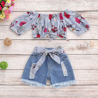 Load image into Gallery viewer, 2-Piece Baby Toddler Kid Girl Flower Stripe Off Shoulder Crop Top And Belted Ripped Denim Shorts Set Wholesale 30071848
