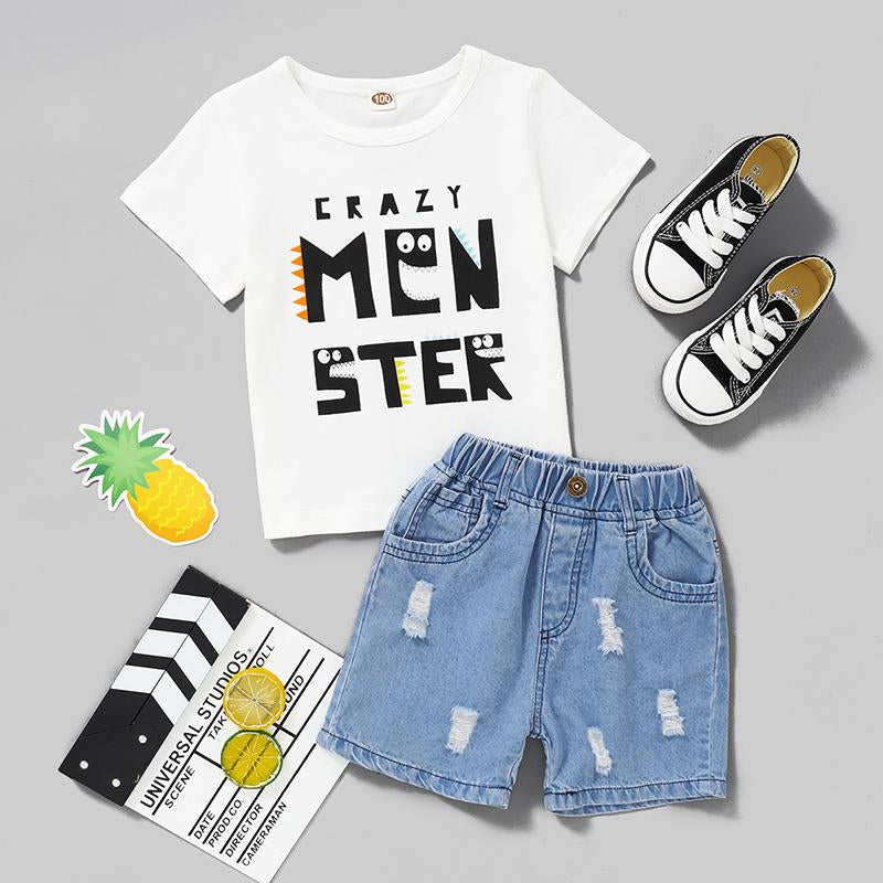 2 Pieces Kid Boy Crazy Monster T-shirt Matching Ripped Denim Shorts Set Wholesale 72321881