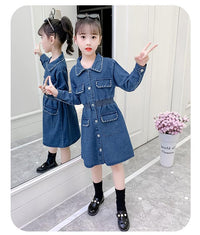 Load image into Gallery viewer, Kid Girl Turn Down Collar Beaded Decor Denim Dress Wholesale 1583485
